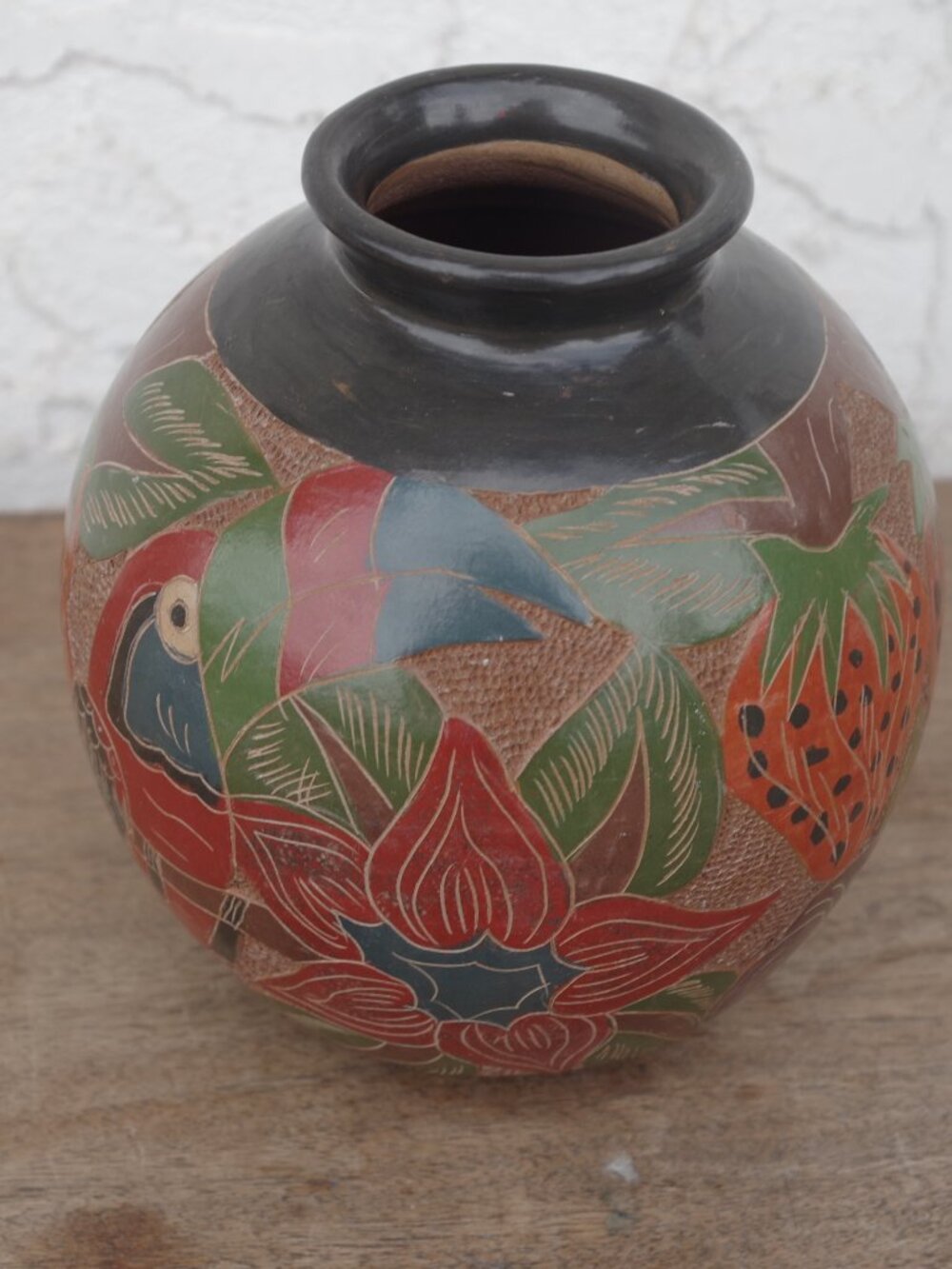 Nicaraguan Art Pottery Vase Hand Painted Etched Ceramic
